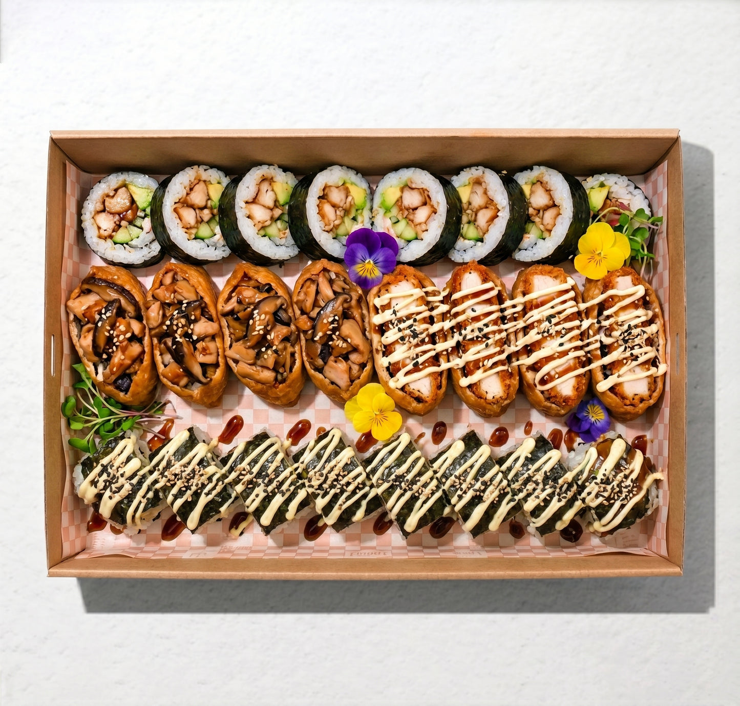 28-piece Chicken Lover Sushi Platter from Double Dribble — teriyaki and katsu chicken sushi rolls — office afternoon tea catering in Christchurch