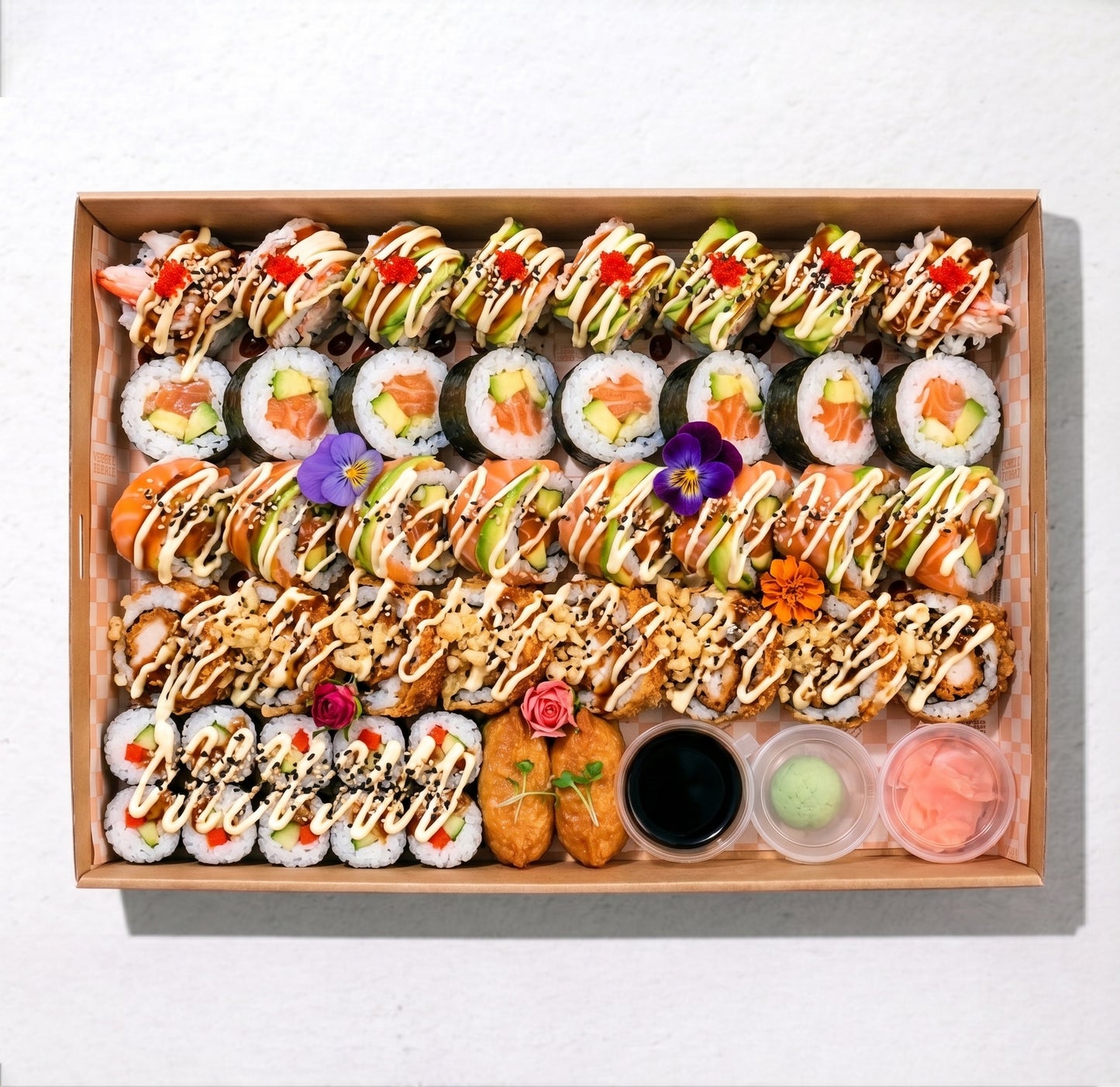 Gluten-Free Dragon Roll Platter from Double Dribble — signature dragon rolls on a shared platter — gluten-free corporate catering in Christchurch