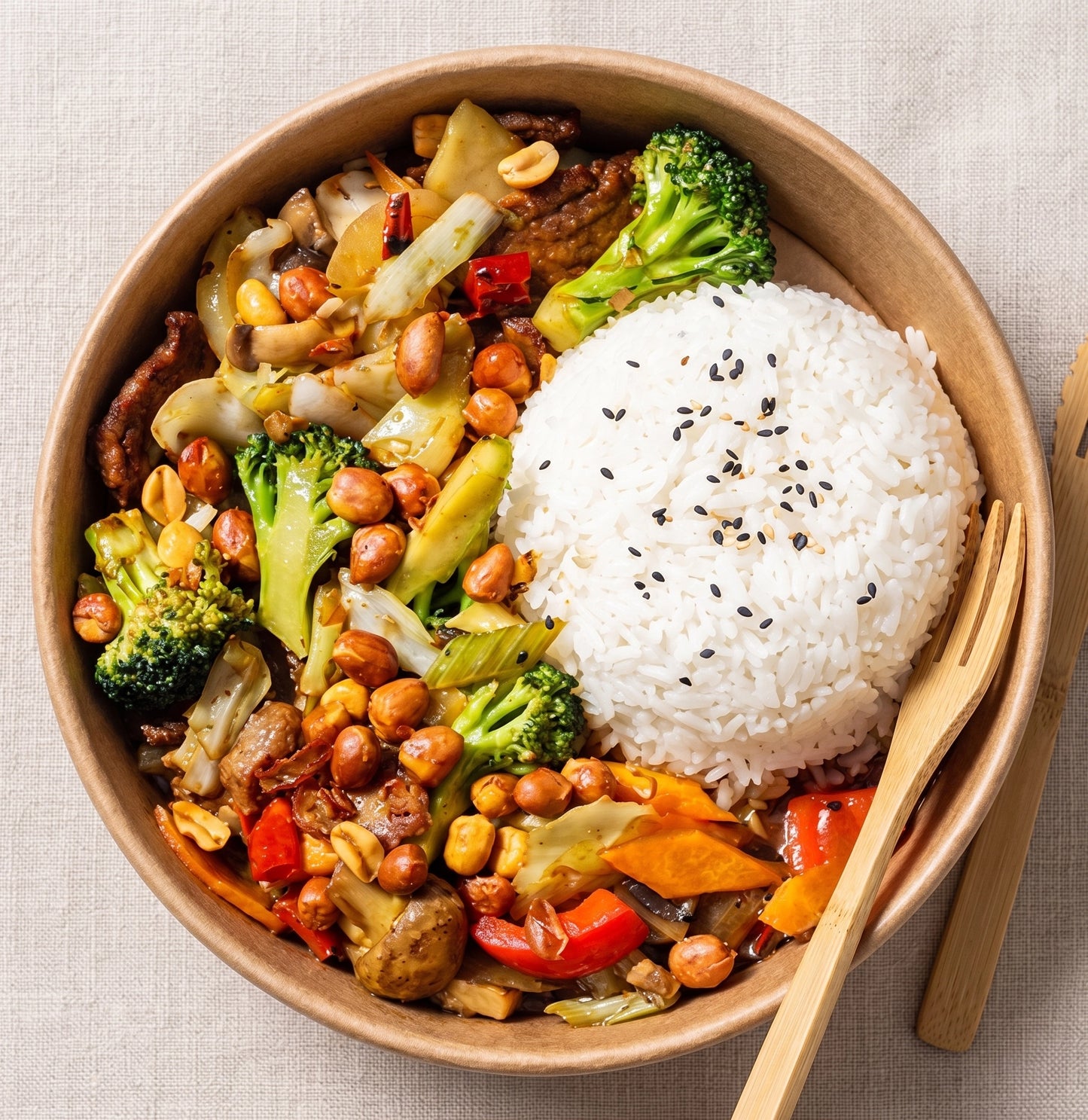 Single-serve donburi rice bowl from Double Dribble — steamed rice topped with savoury protein and vegetables — individual office lunch catering in Christchurch