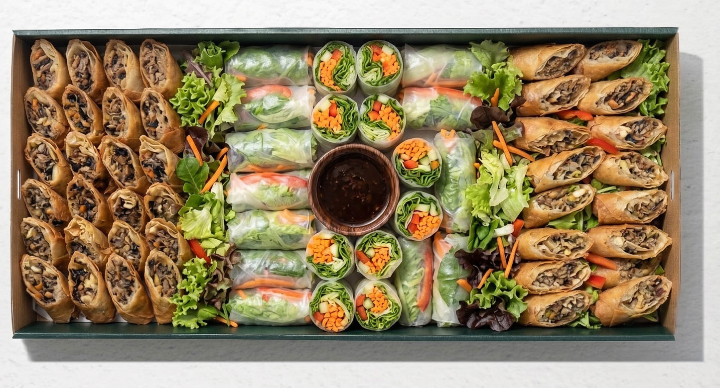 10 golden fried spring rolls from Double Dribble — crisp wheat-wrapper rolls with savoury veg filling — office & party sharing catering in Christchurch
