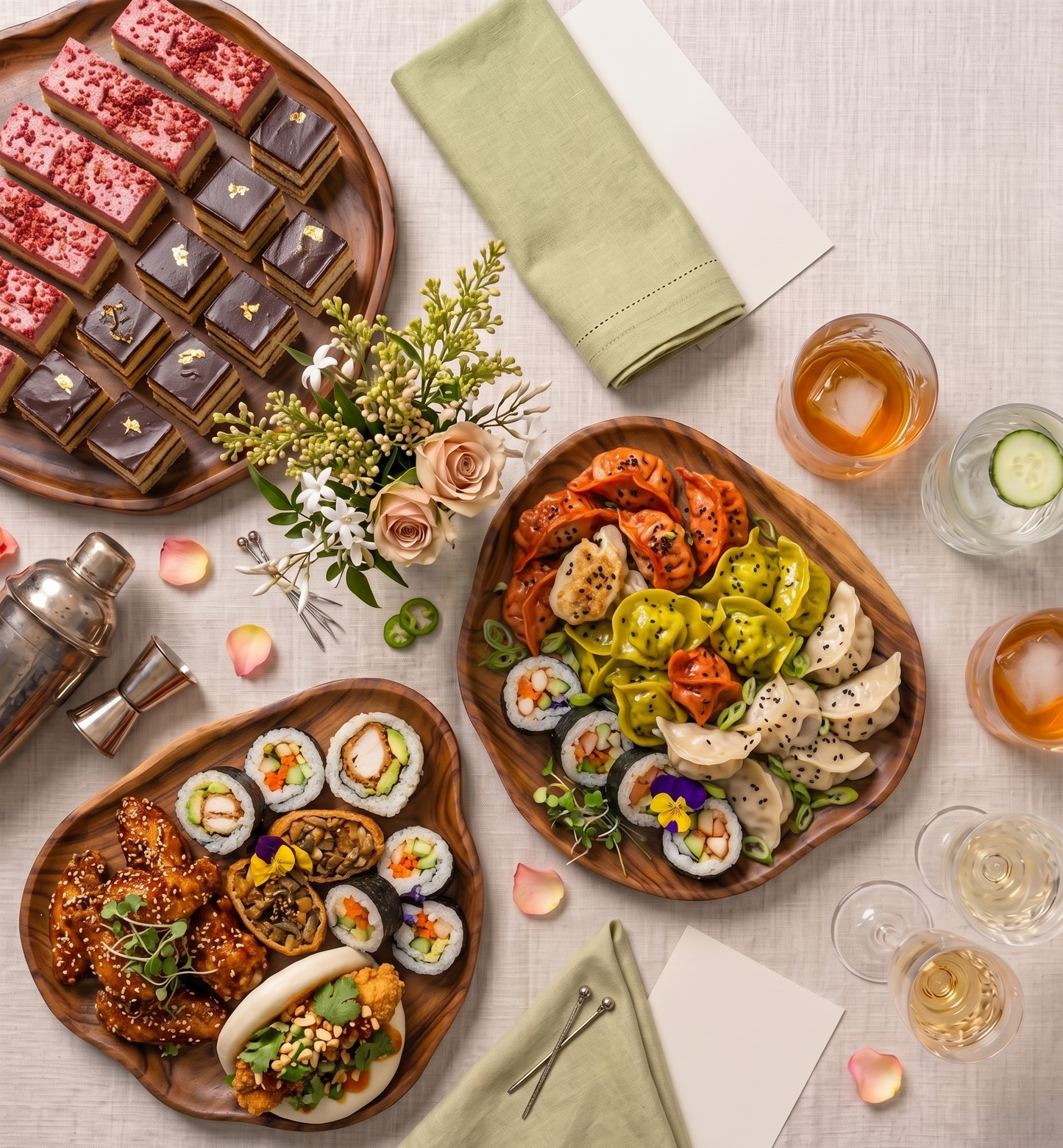 $35pp Fun Feast from Double Dribble — a premium shared spread of dumplings, bao, sushi, fried chicken and sweet treats — corporate team catering in Christchurch