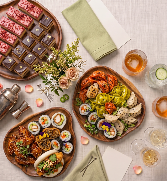 $35pp Fun Feast from Double Dribble — a premium shared spread of dumplings, bao, sushi, fried chicken and sweet treats — corporate team catering in Christchurch