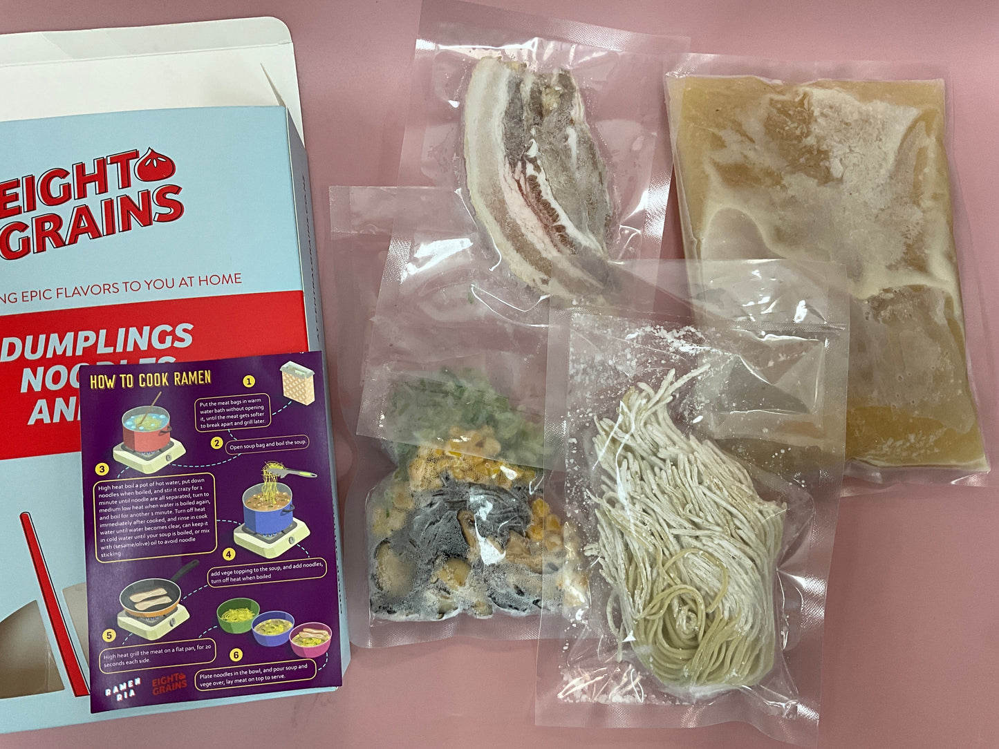 Inside a Ramen Ria tonkotsu pack — broth, chashu, house-made noodles and toppings