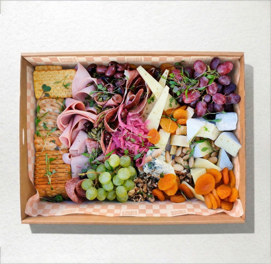 Antipasto grazing platter from Double Dribble — cured meats, cheeses, dips, crackers & seasonal bites on an abundant board — office function & wedding catering in Christchurch