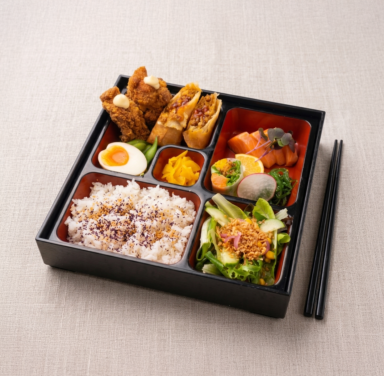 Single-serve bento box from Double Dribble — steamed rice, a hot protein and crisp side vegetables in one tidy tray — office lunch catering in Christchurch