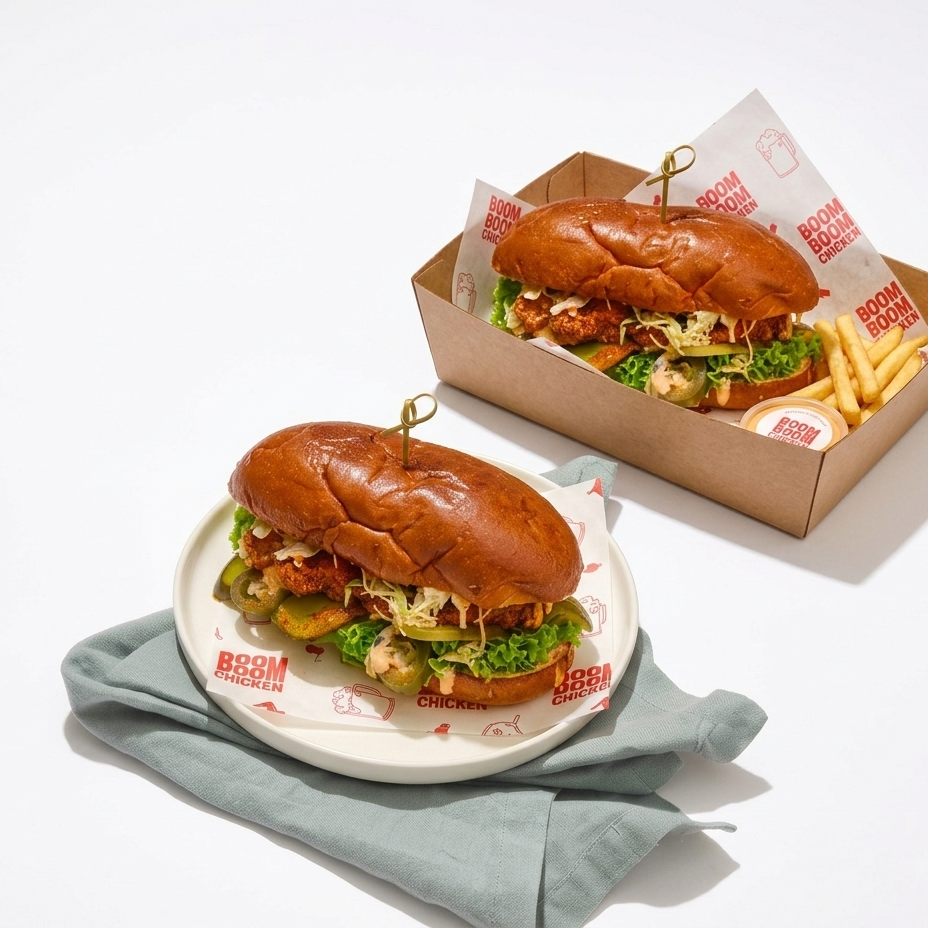 Two large sandwiches with fries on a white background, featuring Boom Boom Chicken.