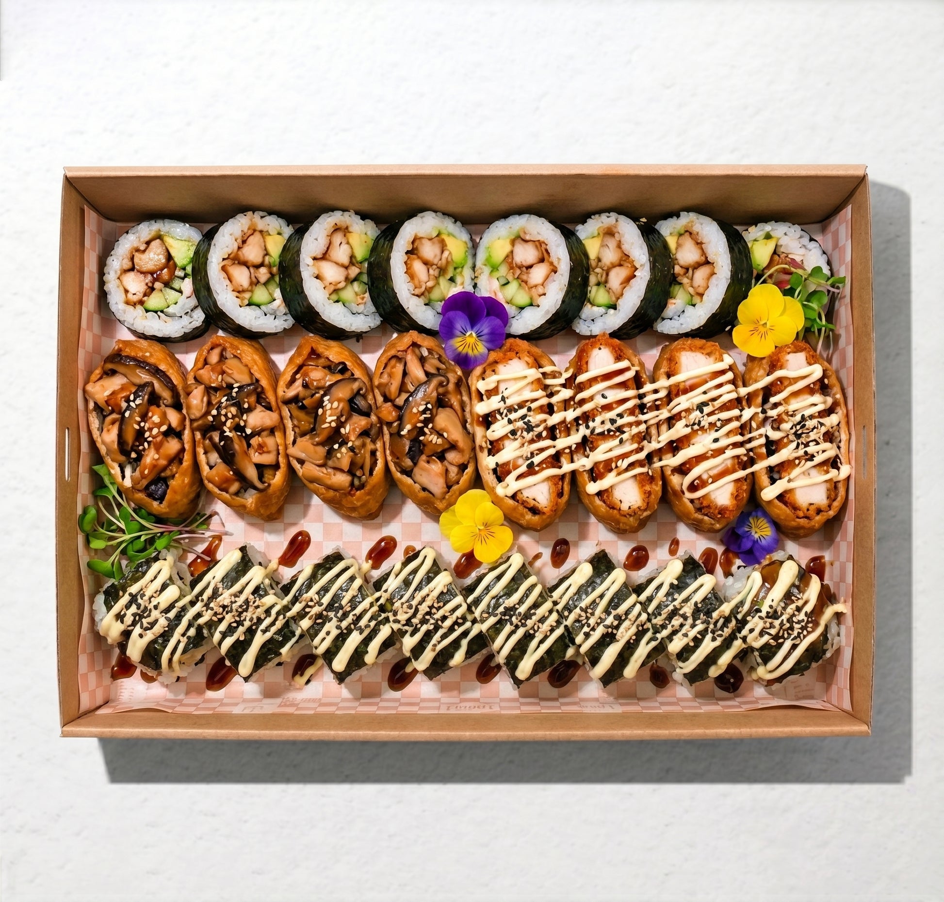 28-piece Chicken Lover Sushi Platter from Double Dribble — teriyaki and katsu chicken sushi rolls — office afternoon tea catering in Christchurch