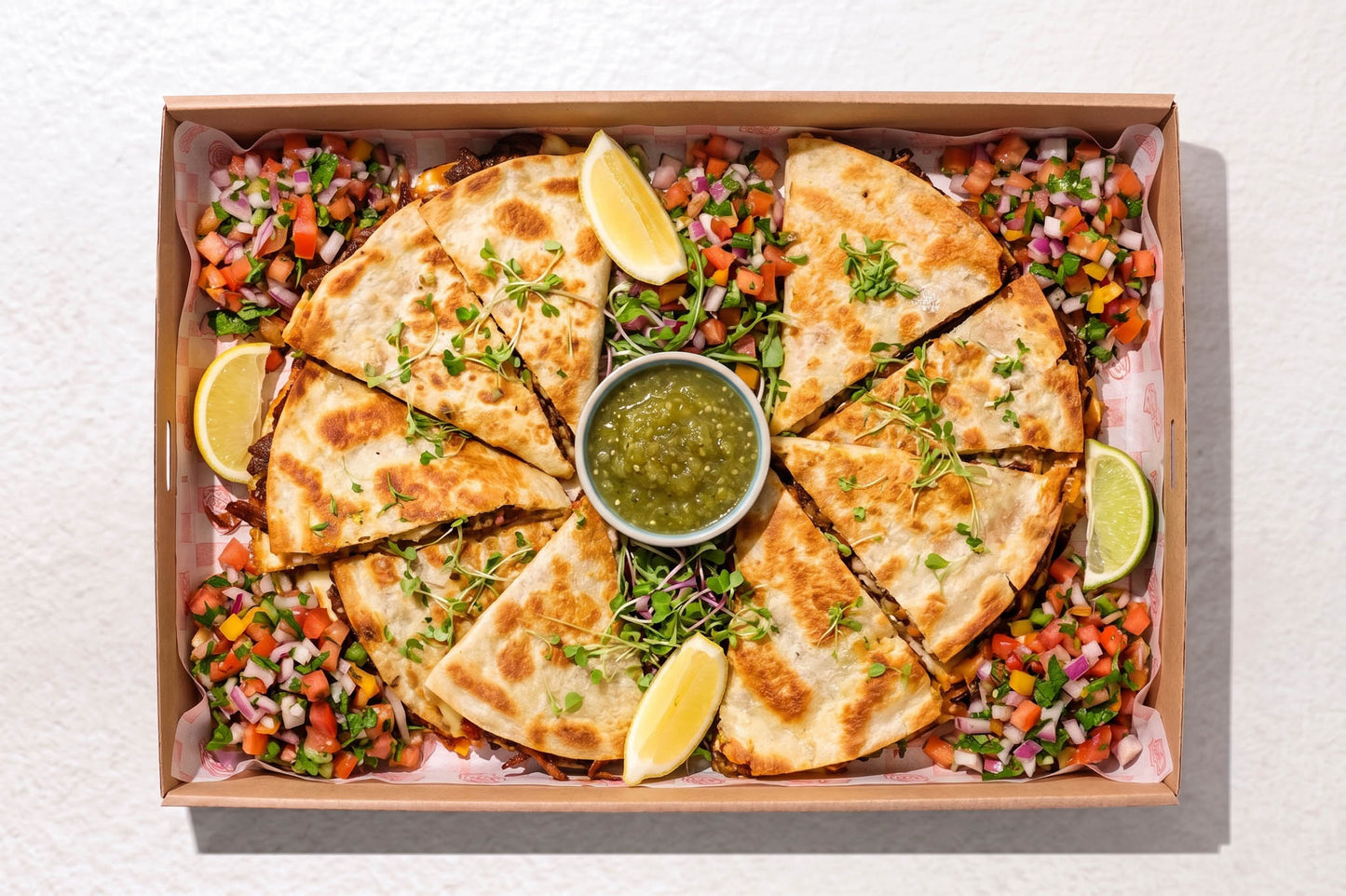 Dairy-free Quesadilla Box from Muy Muy — toasted Mexican quesadillas with beef cheek or grilled chicken, cut for sharing — office catering in Christchurch