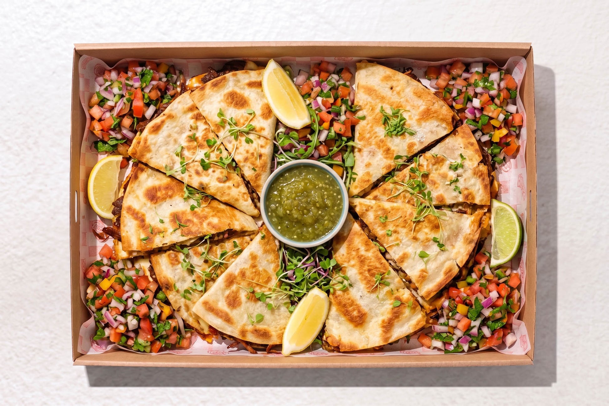 Dairy-free Quesadilla Box from Muy Muy — toasted Mexican quesadillas with beef cheek or grilled chicken, cut for sharing — office catering in Christchurch