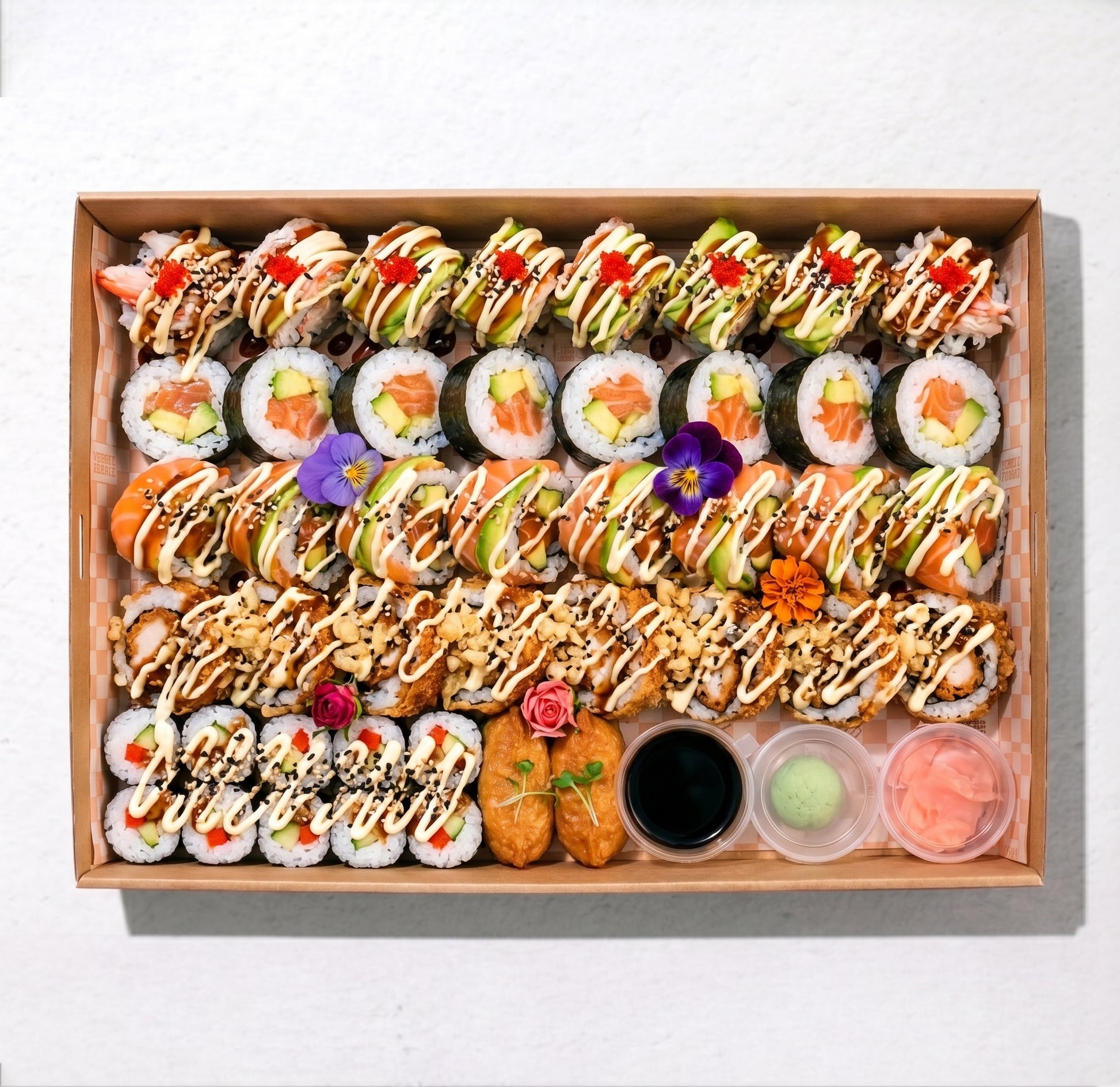 Gluten-Free Dragon Roll Platter from Double Dribble — signature dragon rolls on a shared platter — gluten-free corporate catering in Christchurch