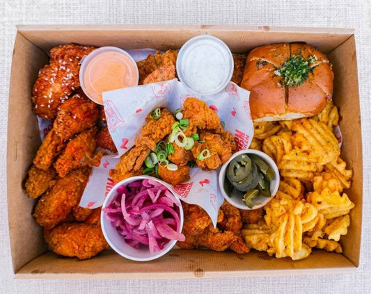 Boom Box from Double Dribble — crispy fried chicken, popcorn chicken, tenders, buttery garlic bread & golden fries — party & office sharing catering in Christchurch