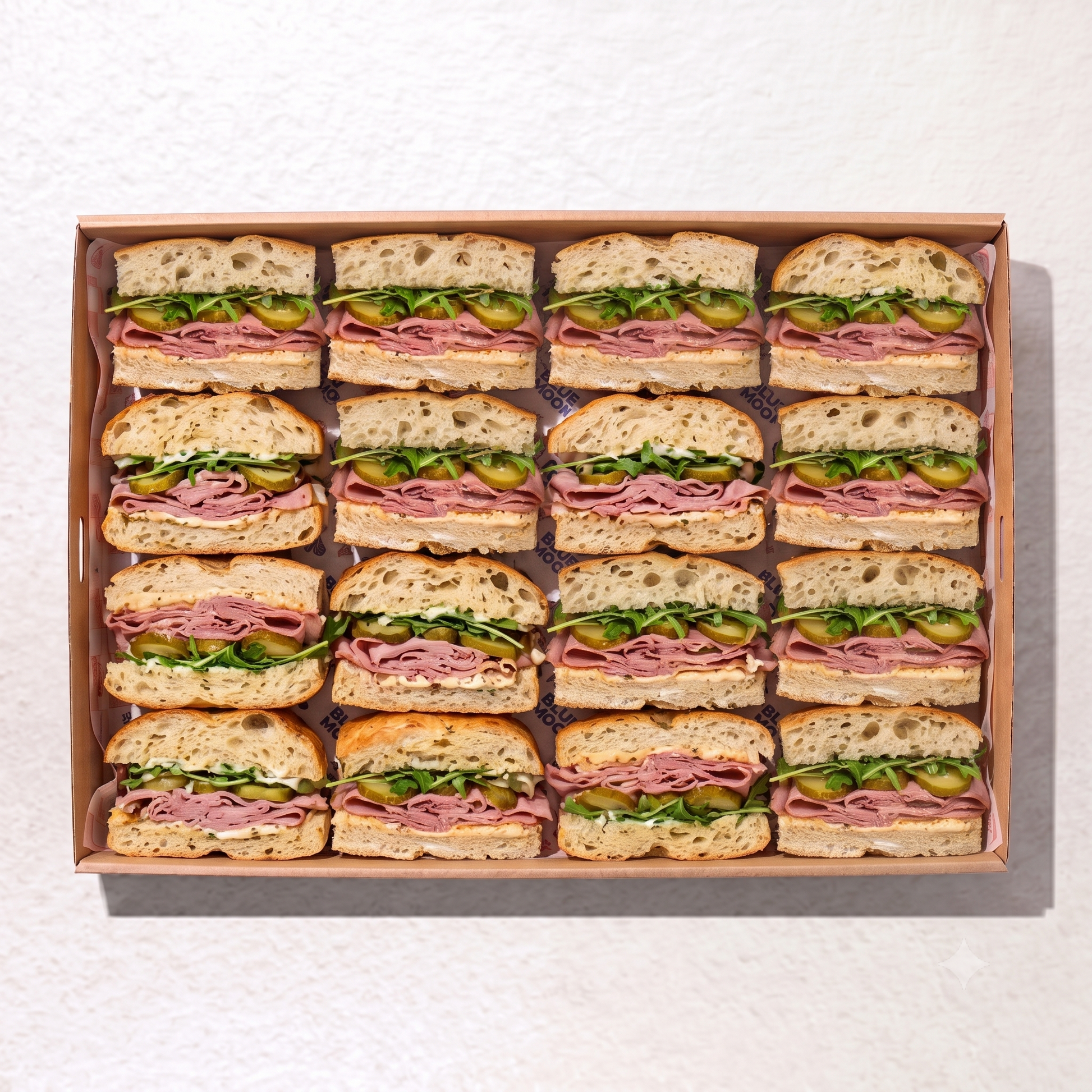 A top-down view of a cardboard tray holding 18 sliced open-faced sandwiches arranged in a 3x6 grid on a white textured surface.