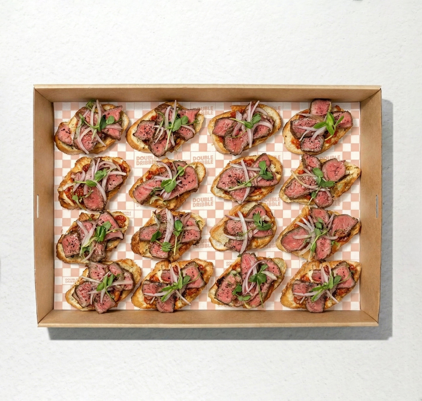 Mixed Crostini Box (10pc) from Double Dribble — 10 crisp toasted crostini with assorted savoury toppings — office function & wedding catering in Christchurch