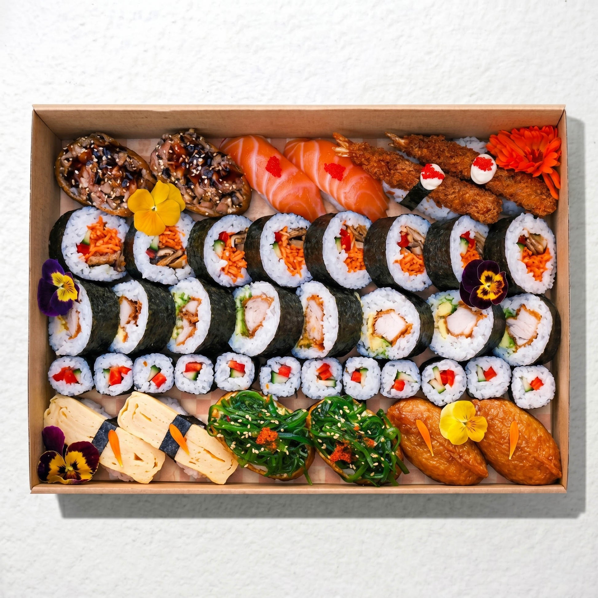 Mixed Sushi Platter from Double Dribble — chicken katsu, fresh salmon, prawn nigiri, tamago and vegetable rolls with seaweed salad, freshly made for sharing in a kraft catering box
