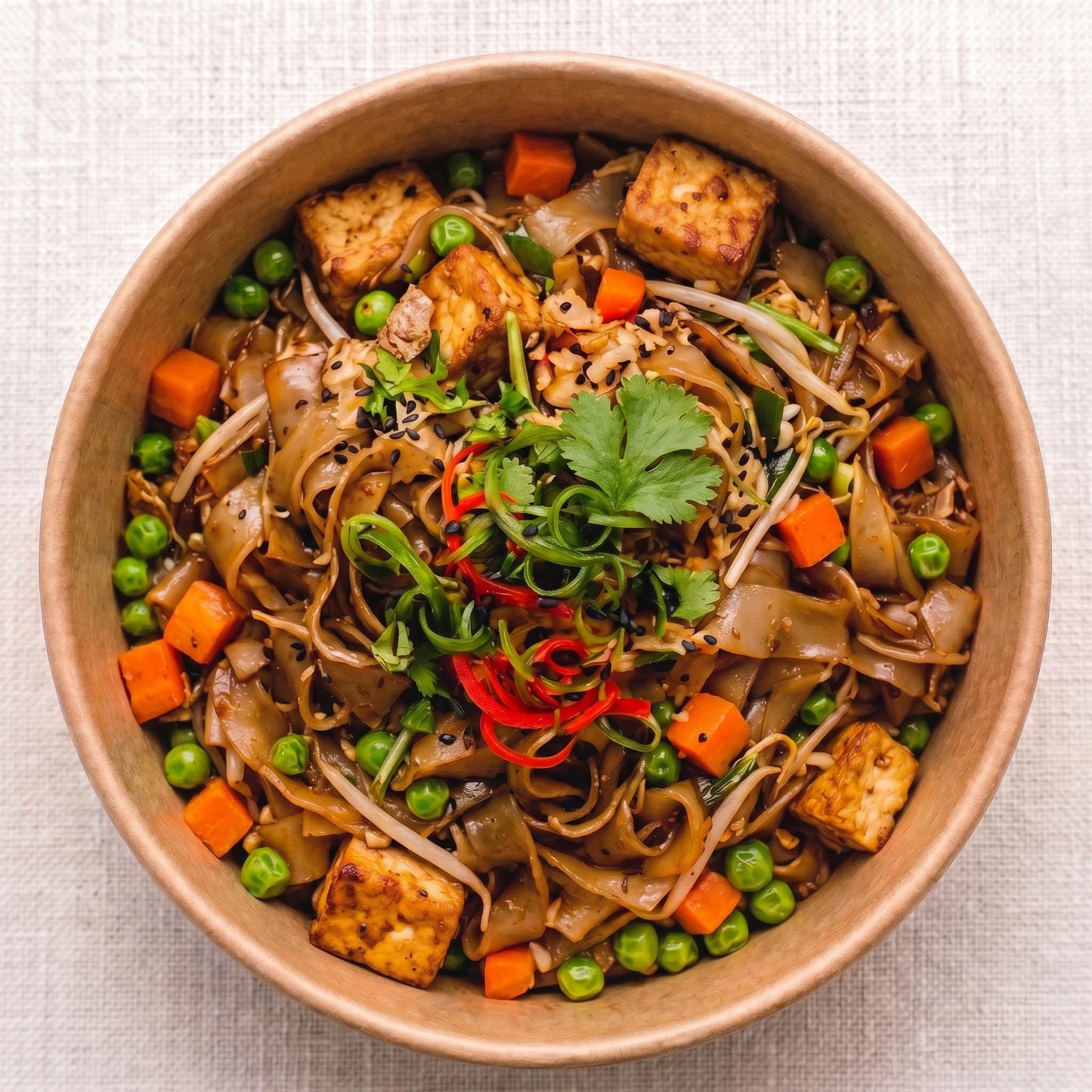 Double Dribble Gluten-Free Noodle Bowl — wok-fired wide rice noodles with fried tofu, peas, carrot and bean sprouts, naturally gluten-free