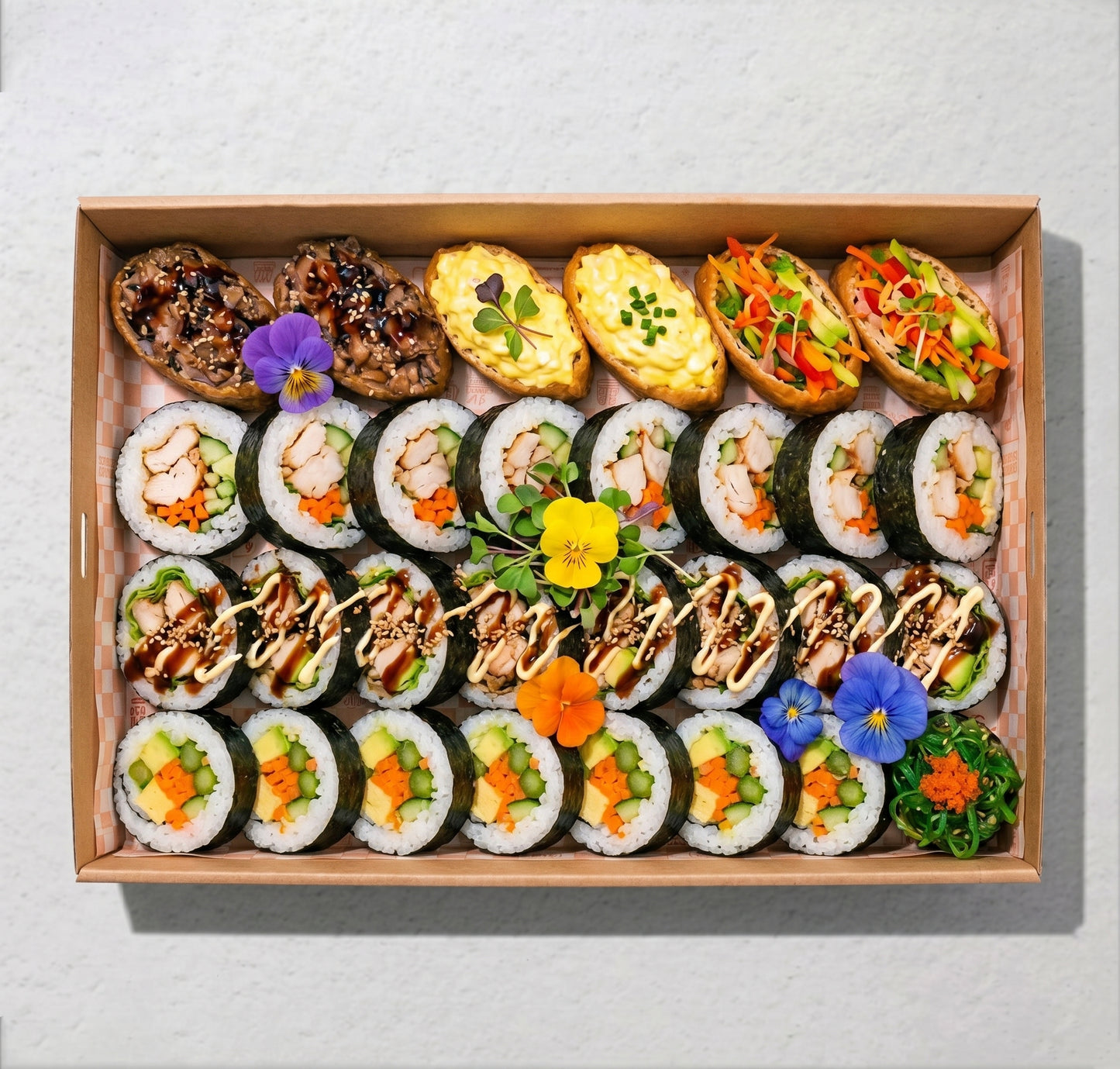 30-piece Nothing Fishy Platter from Double Dribble — fish-free chicken and vegetable sushi rolls — office team lunch catering in Christchurch