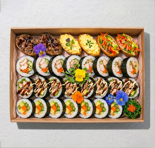 30-piece Nothing Fishy Platter from Double Dribble — fish-free chicken and vegetable sushi rolls — office team lunch catering in Christchurch