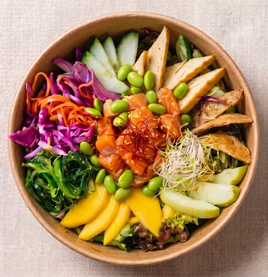 Single-serve poke salad bowl from Double Dribble — rice base with fresh protein, edamame, avocado & crunchy veg — individual office lunch catering in Christchurch