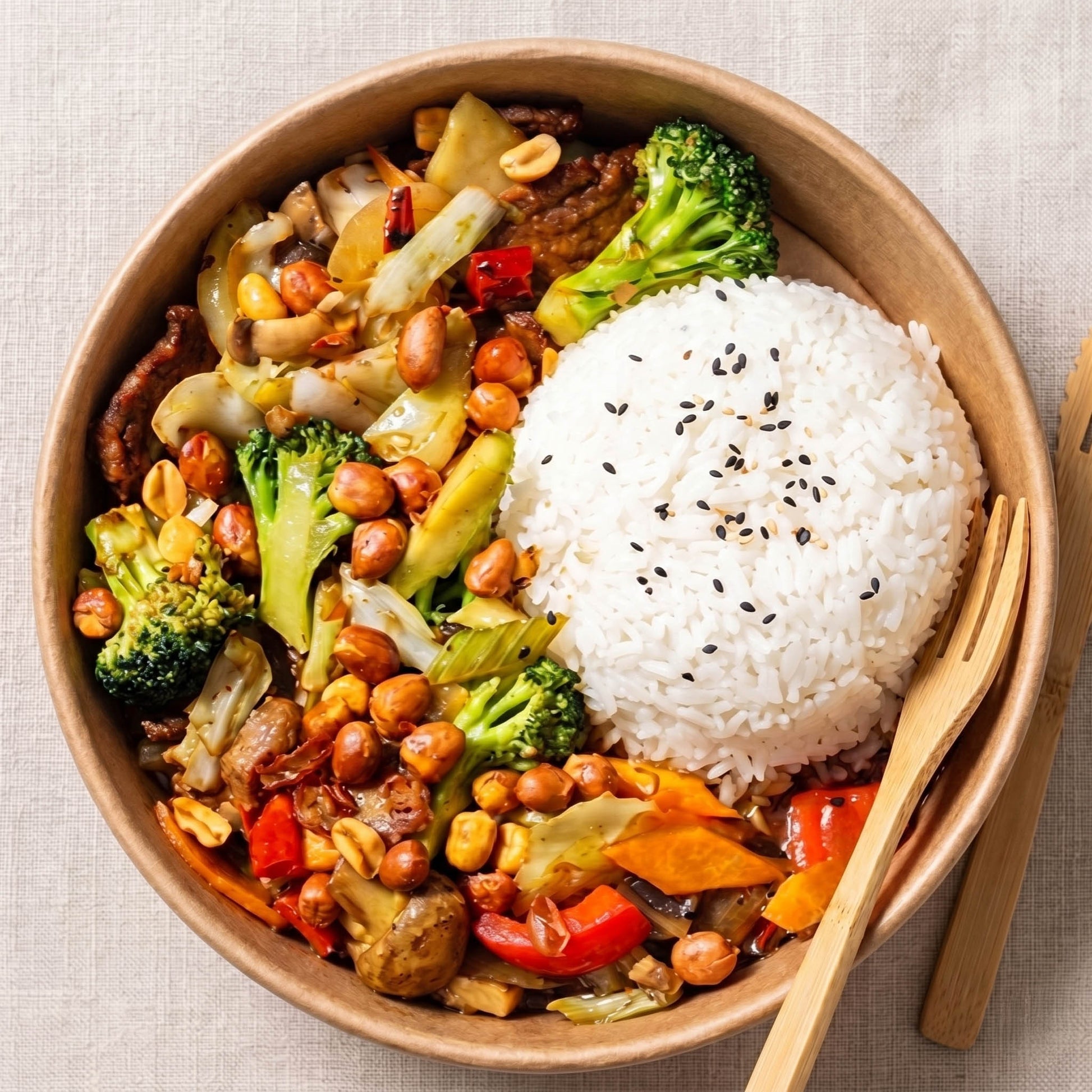 Double Dribble Rice Bowl / Donburi — steamed rice with stir-fried protein, peanuts and vegetables, a wholesome individual meal bowl