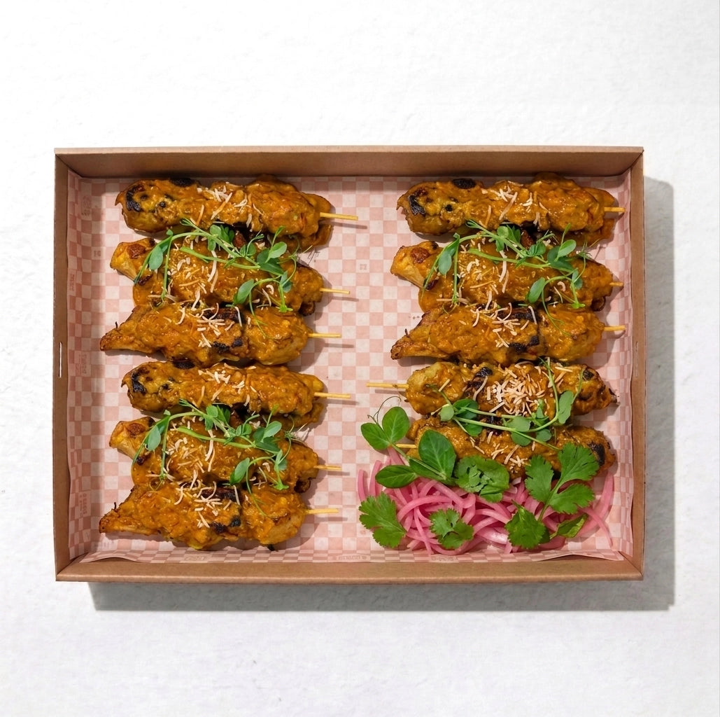 Satay Skewers Box (10pc) from Double Dribble — 10 grilled satay skewers with rich peanut sauce, priced per piece — office function & wedding catering in Christchurch